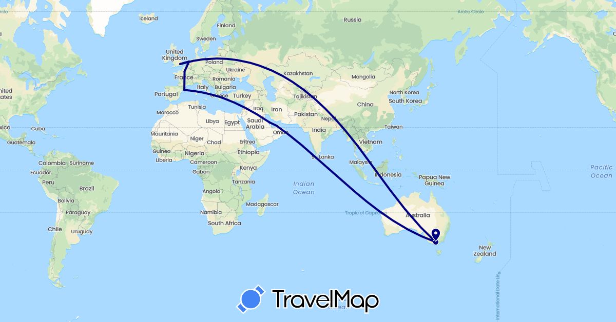 TravelMap itinerary: driving in United Arab Emirates, Australia, Bahrain, Spain, France, United Kingdom, Greece, Netherlands, Thailand (Asia, Europe, Oceania)
